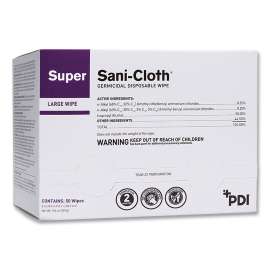 Super Sani-Cloth Individually Wrapped Germicidal Disposable Wipes, Large, 5 x 8, Unscented, White, 50/Pack