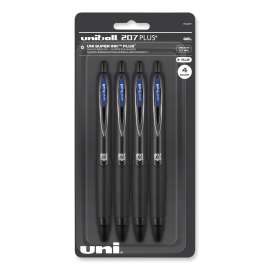 207 Plus+ Gel Pen, Retractable, Medium 0.7 mm, Blue Ink, Black Barrel, 4/Pack