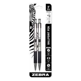 F-301 Ballpoint Pen, Retractable, Fine 0.7 mm, Black Ink, Stainless Steel/Black Barrel, 2/Pack