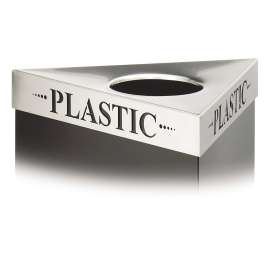 Triangular Lid for Trifecta Receptacle, Laser Cut "PLASTIC" Inscription, 20w x 20d x 3h, Stainless Steel