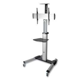Flat Panel Floor Stand, Tilt Range: -12° to +5°, Metal, 1 Shelf, 110 lb Capacity, 32.6" x 27.6" x 81.5", Silver/Black