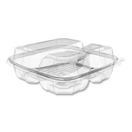 SafeSeal TakeOuts Plastic Hinged Containers, 3-Compartment, 9.2 x 9.1 x 3, Clear, Plastic, 150/Carton