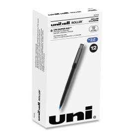 Roller Ball Pen, Stick, Fine 0.7 mm, Blue Ink, Black Matte Barrel, Dozen