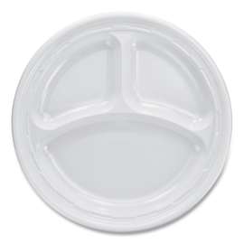 Plastic Plates, 3-Compartment, 9" dia, White, 125/Pack, 4 Packs/Carton