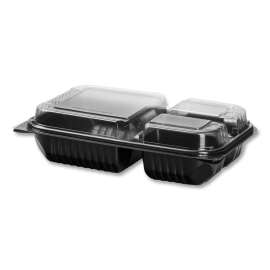 Hinged-Lid Dinner Box, 3-Compartment, 32 oz, 11.5 x 8.1 x 3, Black/Clear, Plastic, 100/Carton