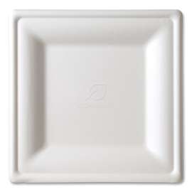 Renewable and Compostable Square Sugarcane Plates, Large, Natural White, 50/Pack, 5 Packs/Carton