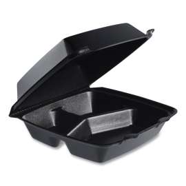 Insulated Foam Hinged Lid Containers, 3-Compartment, 7.96 x 8.36 x 3.2, Black, 200/Carton