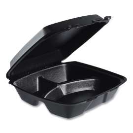Insulated Foam Hinged Lid Containers, 3-Compartment, 9.01 x 9.4 x 3.1, Black, 200/Carton