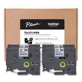 TZe Series Standard Adhesive Laminated Labeling Tape, 0.5", Black on White, 4/Pack