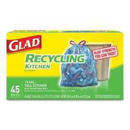 Tall Kitchen Blue Recycling Bags, 13 gal, 0.9 mil, 27.38" x 24", Translucent Blue, 45/Box