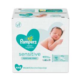 Sensitive Baby Wipes, White, Cotton, Unscented, 64/Pouch, 7 Pouches/Carton