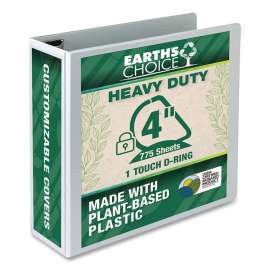 Earth's Choice Heavy-Duty Plant-Based One-Touch Locking D-Ring View Binder, 3 Rings, 4" Capacity, 11 x 8.5, White