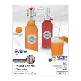 White Dissolvable Labels w/ Sure Feed, 2" dia, White, 60/Pk,