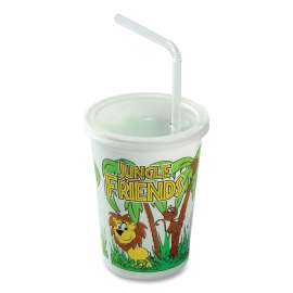 Kid's Cups with Straws and Lids, 12 oz, Multicolor, Jungle Friends Theme, 250/Carton