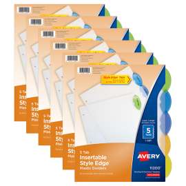 Insertable Style Edge Plastic Dividers, 5-Tab Set, Multicolor, 6 Sets