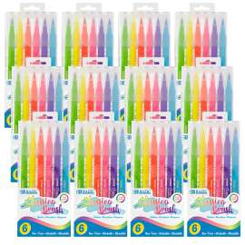 Washable Brush Markers, Fluorescent Colors, 6 Per Pack, 12 Packs