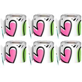 Kind Vibes Doodle Hearts Rolled Scalloped Border, 36 Feet Per Roll, Pack of 6