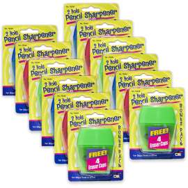 Two-Hole Pencil Sharpener w/Catcher, Bonus Erasers, Assorted Colors, Set of 12