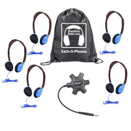 Galaxy Econo-Line of Sack-O-Phones with 5 Blue Personal-Sized Headphones, Starfish Jackbox and Carry Bag
