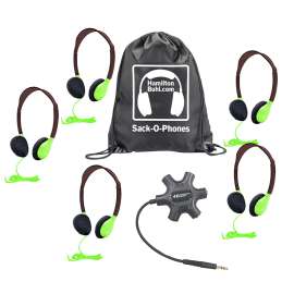 Galaxy Econo-Line of Sack-O-Phones with 5 Green Personal-Sized Headphones, Starfish Jackbox and Carry Bag