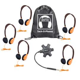Galaxy Econo-Line of Sack-O-Phones with 5 Orange Personal-Sized Headphones, Starfish Jackbox and Carry Bag