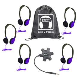 Galaxy Econo-Line of Sack-O-Phones with 5 Purple Personal-Sized Headphones, Starfish Jackbox and Carry Bag