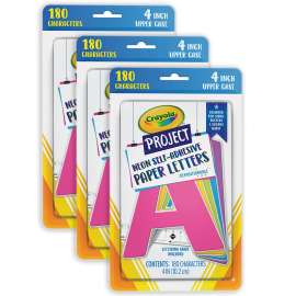 Self-Adhesive Paper Letters, Assorted Neon Colors, 4", 180 Characters Per Pack, 3 Packs