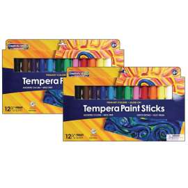Glide-On Tempera Paint Sticks, 12 Assorted Primary Colors, 5 grams, 12 Per Pack, 2 Packs