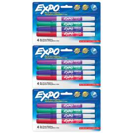 Dry Erase Markers, Whiteboard Markers with Low Odor Ink, Fine Tip, Assorted Vibrant Colors, 4 Per Pack, 3 Packs