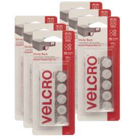 Sticky Back Round Fasteners, 0.63", White, 15 Per Pack, 6 Packs