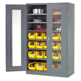 Locking Storage Cabinet Clear Door 48x24x78, 20 YL Bin, 6 Shelf Unassembled