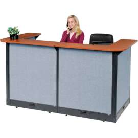 Interion U-Shaped Electric Reception Station, 88"W x 44"D x 46"H, Cherry Counter, Blue Panel