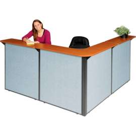 Interion L-Shaped Reception Station, 80"W x 80"D x 44"H, Cherry Counter, Blue Panel