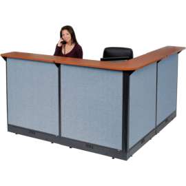 Interion L-Shaped Electric Reception Station, 80"W x 80"D x 46"H, Cherry Counter, Blue Panel