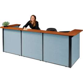 Interion U-Shaped Reception Station With Cherry Counter & Blue Paneling, 124"W x 44"D x 44"H