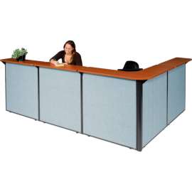 Interion L-Shaped Reception Station, 116"W x 80"D x 44"H, Cherry Counter, Blue Panel