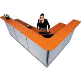 Interion L-Shaped Electric Reception Station, 116"W x 80"D x 46"H, Cherry Counter, Blue Panel