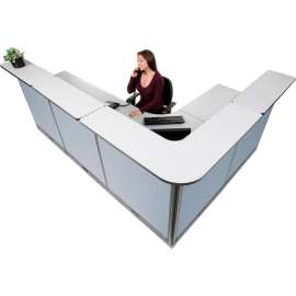 Interion L-Shaped Electric Reception Station, 116"W x 80"D x 46"H, Gray Counter, Blue Panel