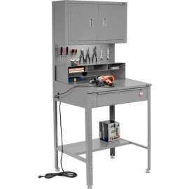 Global Industrial Flat Surfaced Shop Desk w/ Cabinet & Pegboard, 34-1/2"W x 30"D, Gray