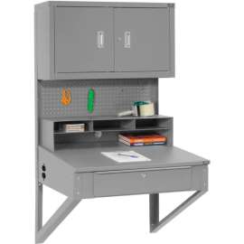 Global Industrial Wall Mount Shop Desk w/ Pegboard & Cabinet, 34-1/2"W x 30"D, Gray