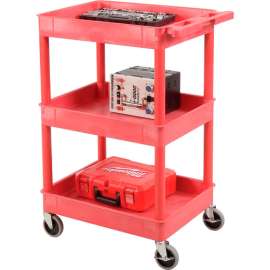 Luxor RDSTC111RD Red 3 Shelf Tray Shelf Plastic Cart 24 x 18