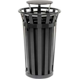 Global Industrial Outdoor Slatted Steel Trash Can With Rain Bonnet Lid, 24 Gallon, Black