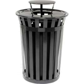 Global Industrial Outdoor Slatted Steel Trash Can With Rain Bonnet Lid, 36 Gallon, Black