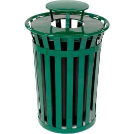 Global Industrial Outdoor Slatted Steel Trash Can With Rain Bonnet Lid, 36 Gallon, Green