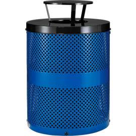 Global Industrial Outdoor Perforated Steel Trash Can With Rain Bonnet Lid, 36 Gallon, Blue