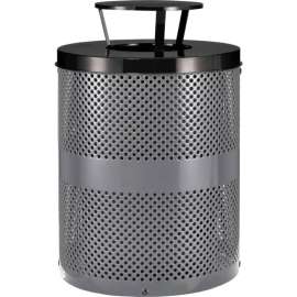 Global Industrial Outdoor Perforated Steel Trash Can With Rain Bonnet Lid, 36 Gallon, Gray