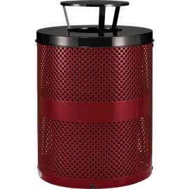 Global Industrial Outdoor Perforated Steel Trash Can With Rain Bonnet Lid, 36 Gallon, Red