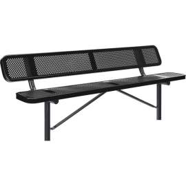 Global Industrial 8' Outdoor Steel Bench w/ Backrest, Perforated Metal, In Ground Mount, Black