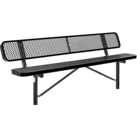 Global Industrial 8' Outdoor Steel Bench w/ Backrest, Expanded Metal, In Ground Mount, Black