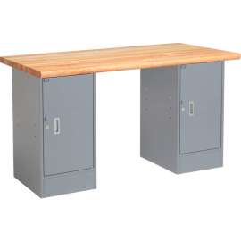 Global Industrial 72 x 30 Pedestal Workbench - 2 Cabinets, Maple Block Safety Edge - Gray